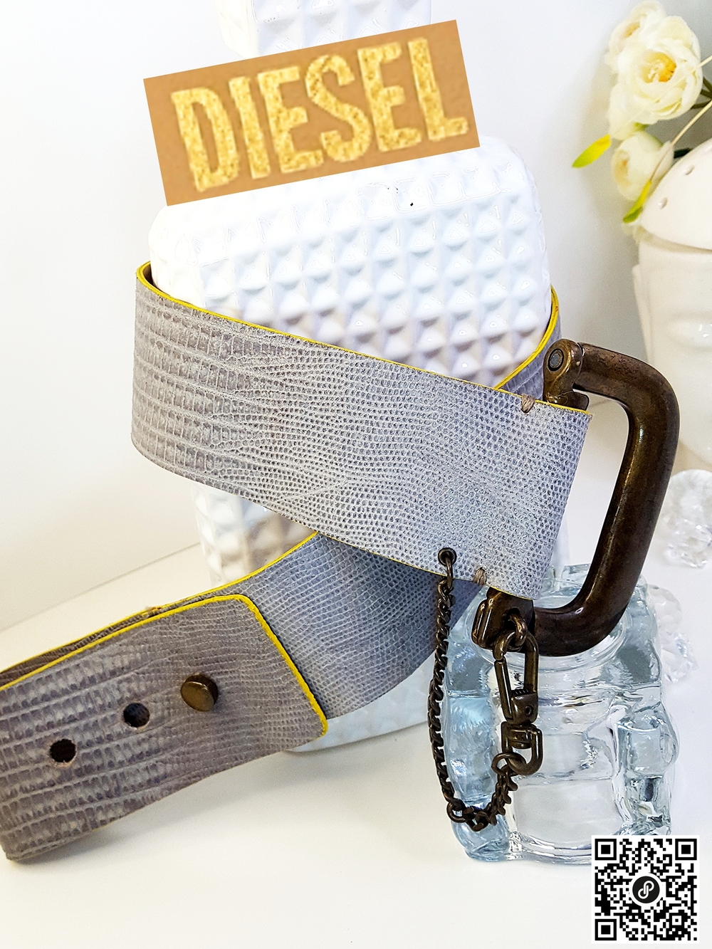 DIESEL☄Y2K-90's Gray Croc Leather Wide Highwaist Belt| Yellow Trim♡Brass Buckle